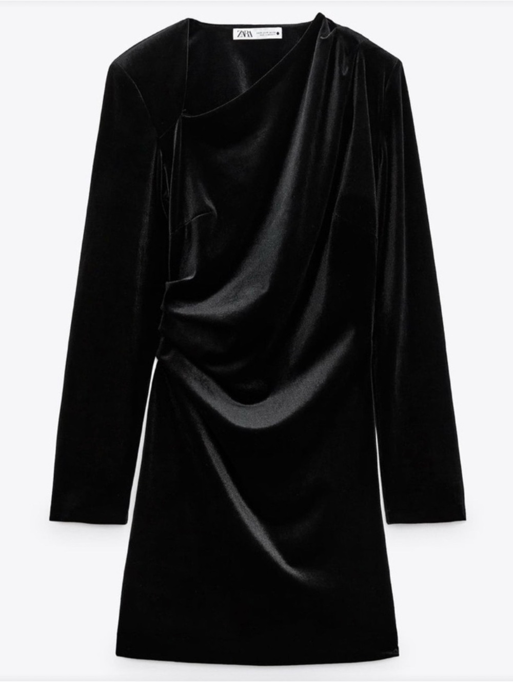 ZARA Black Velvet Draped Long-Sleeve Mini Dress